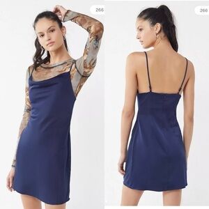 Urban Outfitters Mallory Navy Blue Cowl Neck Mini Satin Dress Y2K